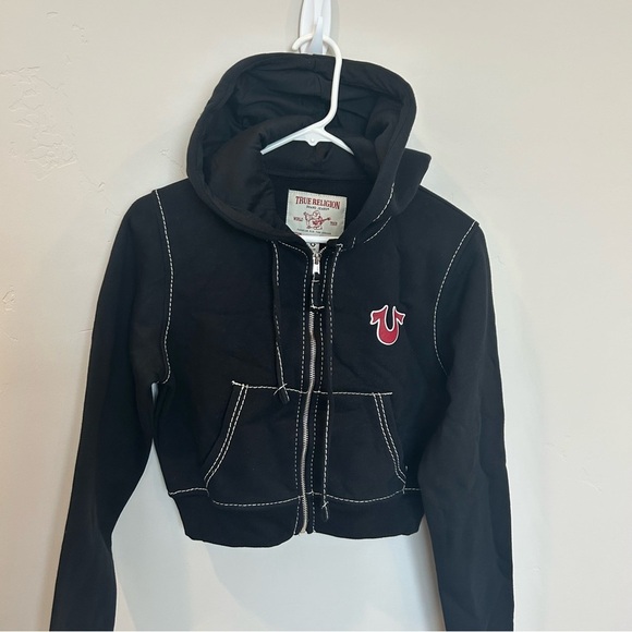 Women’s True Religion Shruken Zip Up Hoodie Big T, Black, Medium - Picture 5 of 10